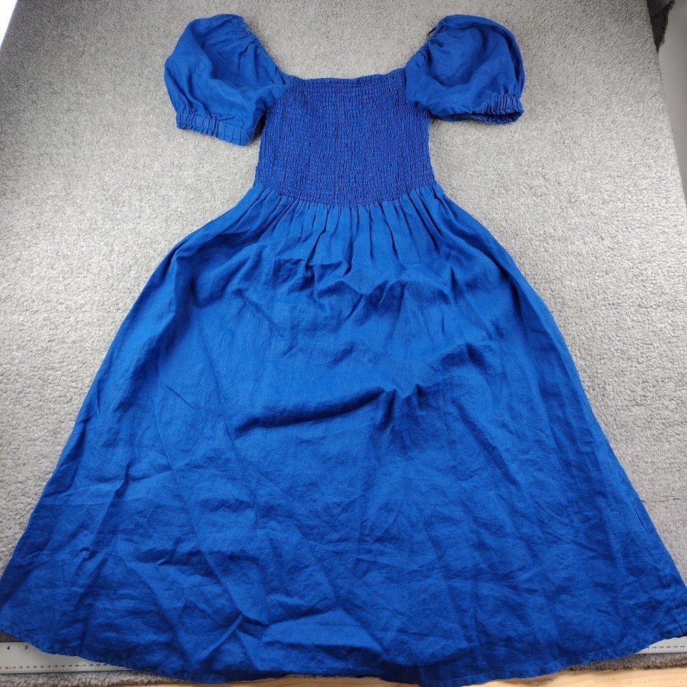 Monoprix Linen Dress Sz 42 Smocked Bodice Puff Sleeve Blue EUC